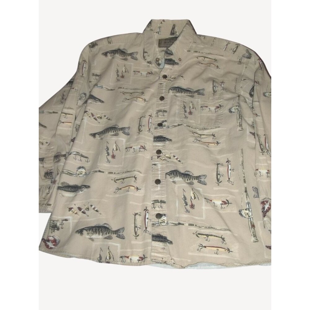 Woods & Water Men's Long Sleeve Button Up Beige Fish Fishing Bass Size Medium